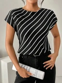 Kadın Kısa Yarasa Kollu Bisiklet Yaka çizgi Desenli Atlas Bluz thumbnail 1