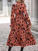 Kadın Uzun Kollu Kruvaze Yakalı çiçek Desenli Maksi Süprem Elbise thumbnail 3