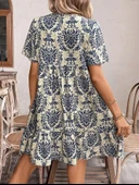 Kadın Kısa Kollu Yakadan Bağcıklı Desenli Fırfırlı Süprem Elbise thumbnail 5