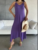 Kadın çan Dokuma Kumaş V Yaka Asimetrik Kesim Elbise thumbnail 1