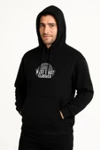 Erkek Üç İplik Kapüşonlu Ön Ve Arka Baskılı weathirt Hoodie  iyah thumbnail 1