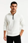Erkek Dik Yaka weatshirt Dik Yaka Yarım Fermuarlı 3 İplik Şardonlu Pamuk Kumaş  Beyaz thumbnail 3