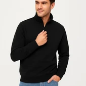 Erkek Dik Yaka weatshirt Dik Yaka Yarım Fermuarlı 3 İplik Şardonlu Pamuk Kumaş  iyah thumbnail 4