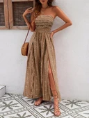 Kadın Yakası Gipe Detaylı önden Yırtmaç Detaylı Desenli Süprem Pantolun Etek Tulum thumbnail 1