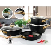 Lines Defne 7 Parça Altın Metal Kulplu Indüksiyon Taban Kare Granit Tencere Seti thumbnail 1