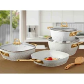 Lines Defne 7 Parça Altın Metal Kulplu Indüksiyon Taban Kare Granit Tencere Seti thumbnail 2