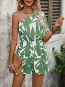 Kadın Tek Omuzdan Açık Beli Lastikli Desenli Süprem Tulum thumbnail 2