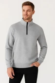 Erkek Dik Yaka weatshirt Dik Yaka Yarım Fermuarlı 3 İplik Şardonlu Pamuk Kumaş  Gri thumbnail 3