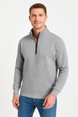 Erkek Dik Yaka weatshirt Dik Yaka Yarım Fermuarlı 3 İplik Şardonlu Pamuk Kumaş  Gri thumbnail 4