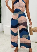 Kadın Omuzlardan Açık Boyundan Geçmeli Beli Lastikli Desenli Dalgıç Tulum thumbnail 2