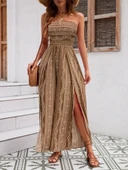 Kadın Yakası Gipe Detaylı önden Yırtmaç Detaylı Desenli Süprem Pantolun Etek Tulum thumbnail 4