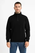 Erkek Dik Yaka weatshirt Dik Yaka Yarım Fermuarlı 3 İplik Şardonlu Pamuk Kumaş  iyah thumbnail 2