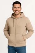 Erkek Üç İplik Kapüşonlu Tam Fermuarlı Kanguru Çepli weathirt Hoodie  Bej thumbnail 4