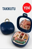 Taşınabilir Yüzüklü Takı Kutusu – Ayna ve 4 Bölmeli Mini Mücevher Organizer - Lacivert thumbnail 1