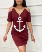 Fermuar Detay çıpa Baskılı Zincir Askılı Iki Iplik Elbise  Bordo thumbnail 4