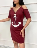 Fermuar Detay çıpa Baskılı Zincir Askılı Iki Iplik Elbise  Bordo thumbnail 2