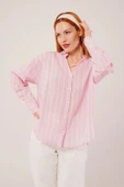 Kol Düğmeli Çizgili Pembe Gömlek thumbnail 4