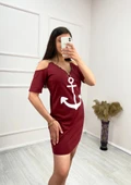 Fermuar Detay çıpa Baskılı Zincir Askılı Iki Iplik Elbise  Bordo thumbnail 3