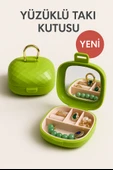 Taşınabilir Yüzüklü Takı Kutusu – Ayna ve 4 Bölmeli Mini Mücevher Organizer - Yeşil thumbnail 1