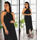 Kadın Omuzlardan Açık Boyundan Geçmeli Asimetrik Kesim Detaylı Viskon Elbise thumbnail 2