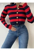 myfok Kadın Kırmızı Şeritli Bisiklet Yaka Gold Düğmeli Crop Triko Hırka thumbnail 2