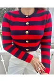 myfok Kadın Kırmızı Şeritli Bisiklet Yaka Gold Düğmeli Crop Triko Hırka thumbnail 1