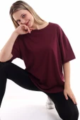 JAKARLI Unisex Pamuk Bisiklet Yaka Bordo Boyfriend Örme Oversize T-shirt thumbnail 1