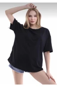 JAKARLI Unisex Pamuklu Siyah Bisiklet Yaka Oversize T-shirt thumbnail 2