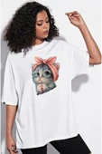Pasage Siyah Unisex Sevimli Minik Kedi Baskılı Pamuk Bisiklet Yaka Boyfriend Örme Oversize T-Shirt thumbnail 3