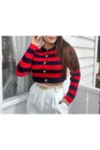 myfok Kadın Kırmızı Şeritli Bisiklet Yaka Gold Düğmeli Crop Triko Hırka thumbnail 4