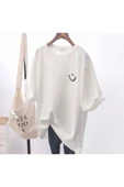BE QUEEN Büyük Beden Özel Üretim Smile Baskılı %100 Pamuk Oversize Yeni Trend Kadın T-shırt thumbnail 1