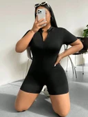 Kadın Kısa Kollu önü Fermuarlı Bodycon Dalgıç Tulum thumbnail 7