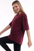 JAKARLI Unisex Pamuk Bisiklet Yaka Bordo Boyfriend Örme Oversize T-shirt thumbnail 2