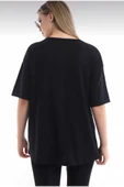 JAKARLI Unisex Pamuk Bisiklet Yaka Boyfriend Siyah Örme Oversize T-shirt thumbnail 3