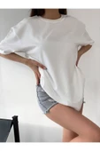 JAKARLI J Beyaz Ince Unisex Pamuk Bisiklet Yaka Boyfriend Örme Oversize T-shirt thumbnail 2