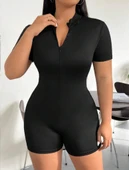 Kadın Kısa Kollu önü Fermuarlı Bodycon Dalgıç Tulum thumbnail 6
