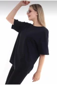 JAKARLI Unisex Pamuk Bisiklet Yaka Boyfriend Siyah Örme Oversize T-shirt thumbnail 4