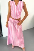 KETEN ÇİZGİLİ YELEK  UZUN ETEK TAKIM  Pembe thumbnail 4