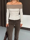 Çizgili madonna yaka kaşkorse bluz bej a844 thumbnail 3
