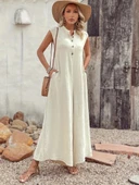 Kadın Kısa Kollu önden Düğmeli Paçaya Doğru Geniş Cepli Uzun Bürümcük Tulum thumbnail 3