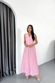 KETEN ÇİZGİLİ YELEK  UZUN ETEK TAKIM  Pembe thumbnail 1
