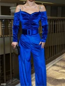 Kadın Modanna Yaka Zincir Askı Detay Kemer Dahil Kadife Kumaş Tulum thumbnail 1