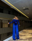 Kadın Modanna Yaka Zincir Askı Detay Kemer Dahil Kadife Kumaş Tulum thumbnail 4