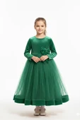 Kız Çocuk Kadife Elbise-Tül Detaylı-Fiyonk Süslemeli 7-12 Yaş 12441 thumbnail 1