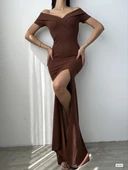 Kadın Dalgıç Kumaş Kayık Yaka Ve Dekolte Detaylı Elbise thumbnail 2