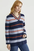 Çizgili V Yaka Triko Kazak - Lacivert thumbnail 3