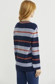 Çizgili V Yaka Triko Kazak - Lacivert thumbnail 5