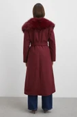 Kürk Yaka Kuşaklı Kaşe Kaban Bordo thumbnail 6