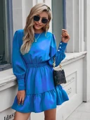 Kadın Uzun Kollu Bisiklet Yaka Beli Lastikli Fırfırlı Ithal Krep Elbise thumbnail 1