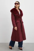 Kürk Yaka Kuşaklı Kaşe Kaban Bordo thumbnail 4